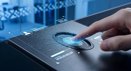 Finger activating futuristic digital interface with glowing blue light, technology concept.