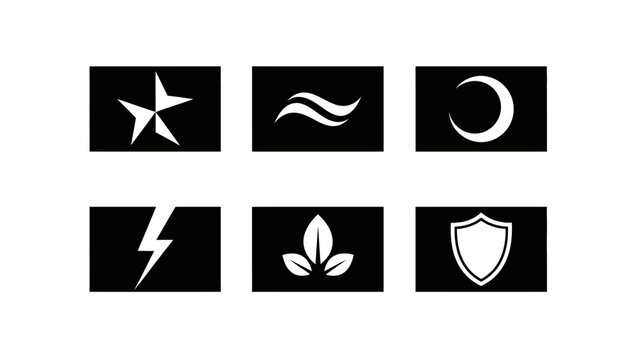 Set of 6 Icons: Star, Waves, Moon, Lightning, Leaves, Shield on Black Background
