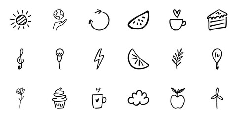 Doodle Style Icon Set Featuring Sun, Earth, Arrows, Food, Music, And Nature Elements. Hand-Drawn Sketch Collection. Perfect For Eco-Friendly, Culinary, And Artistic. Isolated Vector Illustration