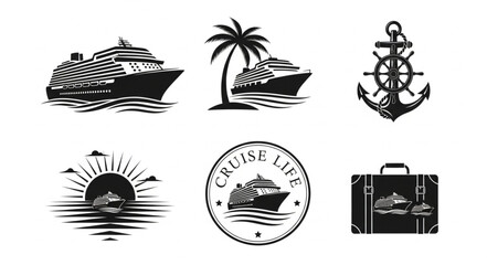 Cruise ship travel and vacation themed black and white illustrations. © Hanif
