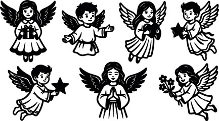 Naklejka premium Vector line art cute angel icon set eight cherub figures holding gifts stars flowers and praying in black silhouette style