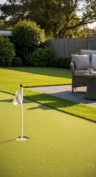 Golf Putting Green with Flagstick and Patio.