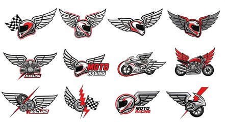 Motorcycle racing emblems collection with wings and helmets, speed and victory symbols.