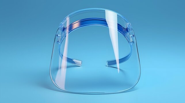 A clear face shield on a blue background, designed for protection in medical and industrial settings.