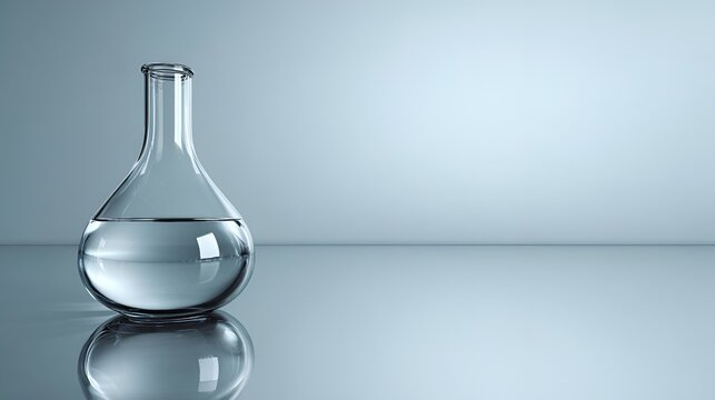 A clear glass laboratory flask filled with water, reflecting on a smooth surface, ideal for scientific themes.