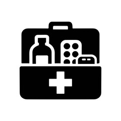 Obraz premium First aid kit with medicine, healthcare, emergency, medical supplies, black solid icon vector illustration.