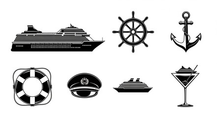 Cruise ship and nautical elements illustration, perfect for travel and adventure themes. © Hanif