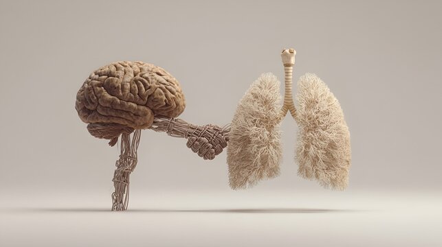 A conceptual artwork depicting a brain connected to lungs, symbolizing the relationship between mind and body.