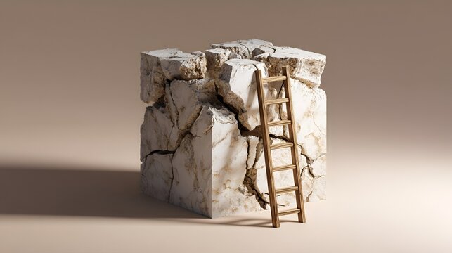 A cracked cube with a wooden ladder symbolizes the journey toward overcoming obstacles and reaching new heights.