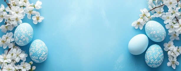 lue easter eggs and white cherry blossoms on bright blue background. Happy Easter concept. Simple spring template, greeting card, banner.