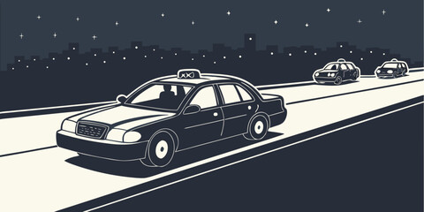 A fleet of futuristic police cars patrolling a dark, deserted highway at night. Vector © Eva