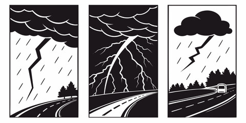 A dramatic depiction of a thunderstorm with lightning striking a landscape Vector © Eva