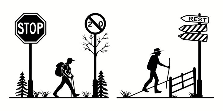 A series of images depicting various road signs and their corresponding actions Vector
