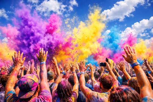 happy hindu indian people celebrate holi festival by throwing colorful powder at each other, generative AI
