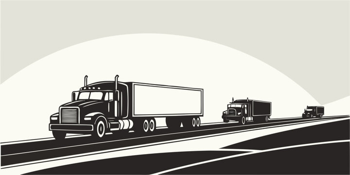 A large truck and two smaller vehicles traveling down a highway in a black and white image. Vector