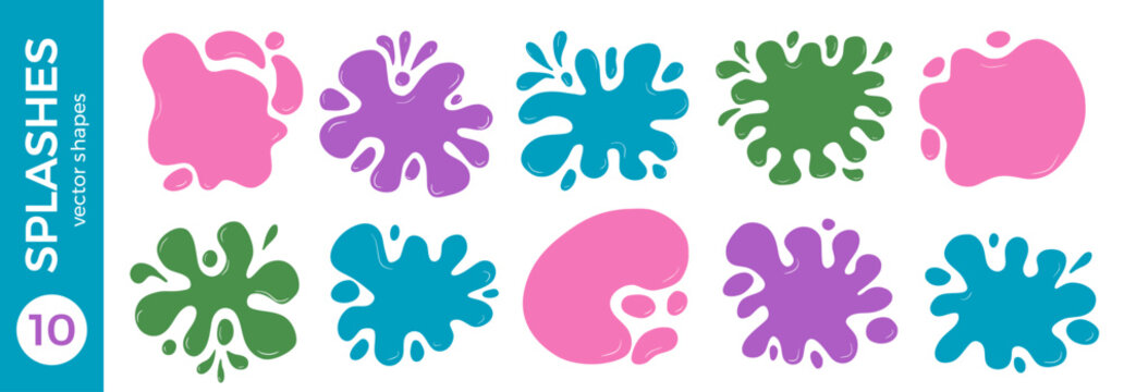 Funky playful splash frames for text. Fluid abstract pink blob and drip for quote. Simple promo sticker gum, liquid candy and ice cream puddle with paint stain and blot shape. Vector set isolated.