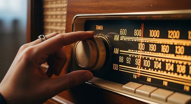 Hand Adjusting Vintage Radio Dial Frequency.