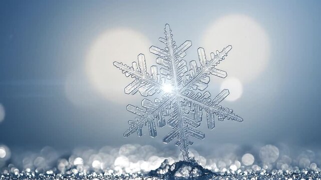 Close-up of a delicate snowflake standing upright on a shimmering, icy surface with soft bokeh lights in the background, creating a magical winter scene.