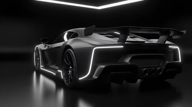 Futuristic Black Sports Car with Neon Light Accents in a Dark Studio.