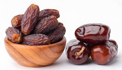 Obraz premium Fresh dates in wooden bowl and scattered on white background healthy snack food