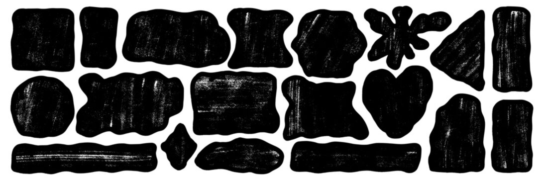 Grunge handmade wavy geometric elements. Organic arch, rectangles shapes with daub scratches for text or urban decor. Set of hand-drawn gritty shapes. Vector rough, grainy circles isolated.