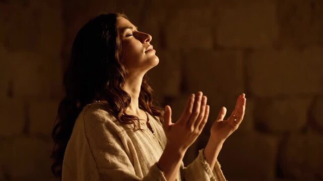 Sequence of a devout young female in historical attire praying with deep reverence. A spiritual portrait showing moments of supplication and worship in dramatic lighting