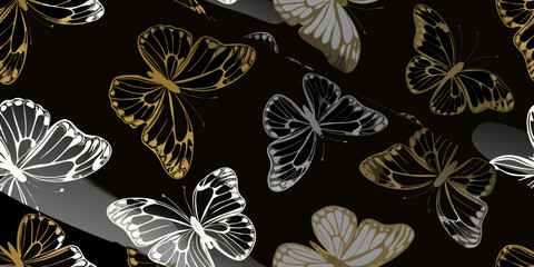 Elegant butterflies in shades of gold silver and black create a pattern © Savankar