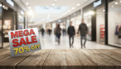 Fototapeta premium Mega Sale 70 Off sign displayed on a wooden surface within a blurry shopping mall environment