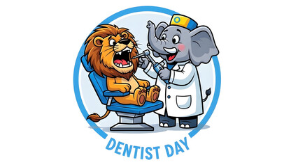 Fototapeta premium Cartoon lion at the dentist office with elephant isolated on transparent background