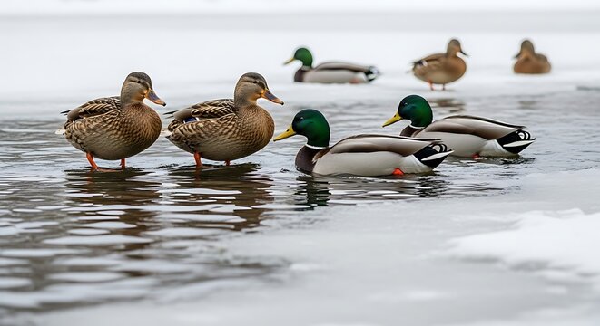 Ducks Swimming in Frozen Lake Water.
