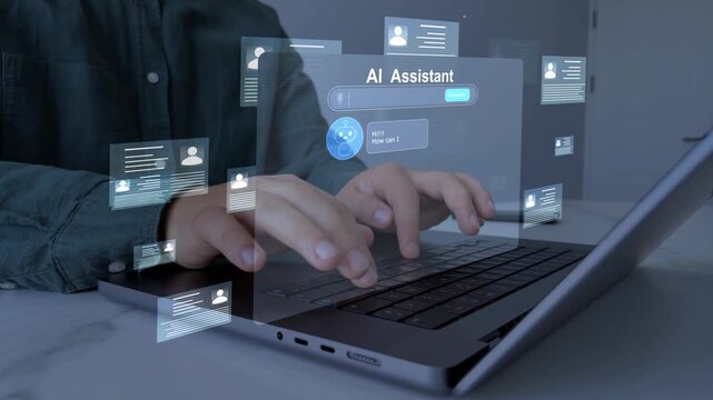 Employee working with AI chatbot assistant in modern office. Digital communication, automation and smart technology support productivity, workflow efficiency and business innovation in corporate envir