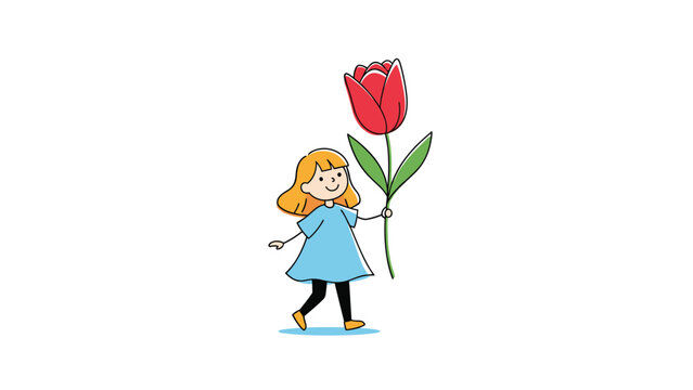 Cute little girl in a blue dress walking and carrying a giant red tulip flower representing nature, spring and childhood.