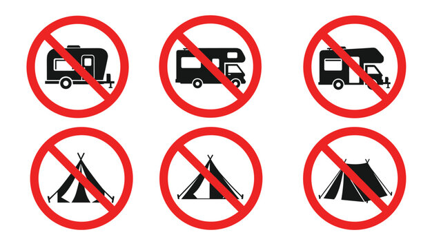 Set of six red prohibition signs indicating that camping with tents, caravans and motorhomes is strictly forbidden in the area.