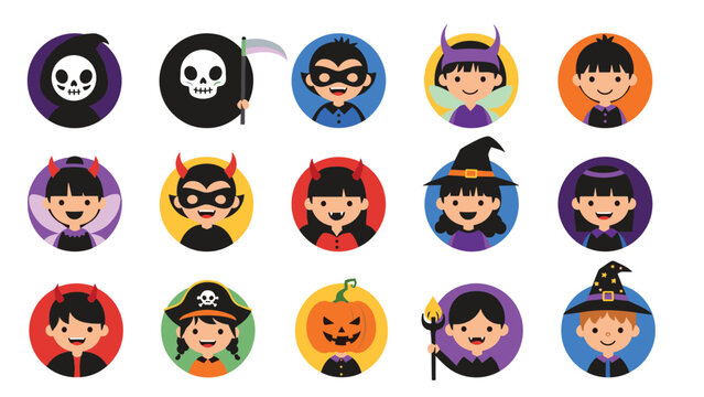 Set of circular avatars featuring cute children dressed in various Halloween costumes like witches, vampires, pirates, and ghosts.