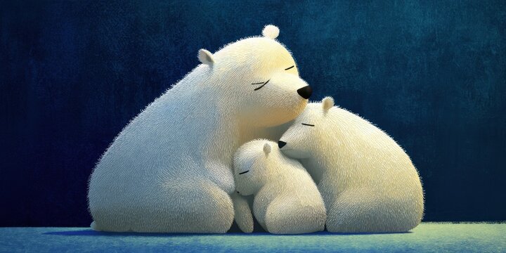 Ilustra&ccedil;&atilde;o fofa de uma fam&iacute;lia de ursos polares abra&ccedil;ados dormindo juntos em um fundo azul escuro, transmitindo paz e amor maternal.
