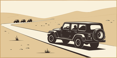 A convoy of vehicles traverses a vast, arid desert landscape under a clear sky. Vector © Ruhi