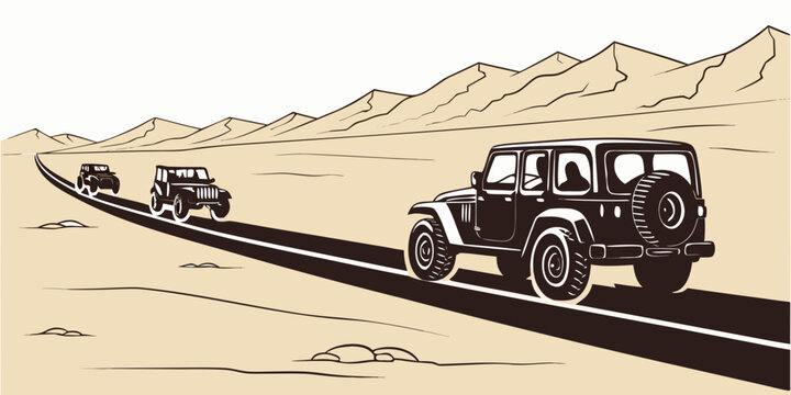 Vintage cars driving on a narrow desert road with mountains in the background Vector