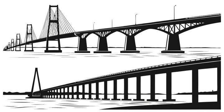 A comparison of suspension and truss bridge designs showcasing their structural differences Vector