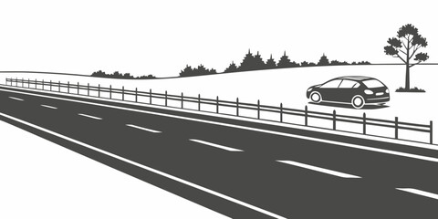 A police car follows a truck on a divided highway with a sign indicating a scenic route Vector © Ruhi