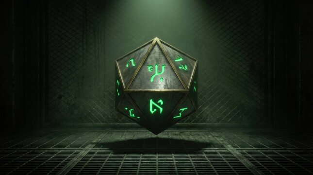 A levitating metallic octahedron inscribed with glowing green symbols, casting an ethereal light in a futuristic, dark environment