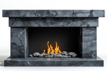 Fototapeta premium Modern stone fireplace with flames and decorative rocks