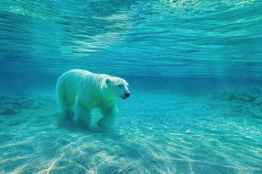 Majestoso urso polar caminhando e nadando debaixo d'&aacute;gua em um oceano azul cristalino com luz solar filtrada no fundo arenoso.