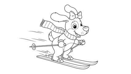 Fototapeta premium Line art coloring page shows a cute cartoon dog wearing a scarf and goggles while skiing down a snowy mountain slope.