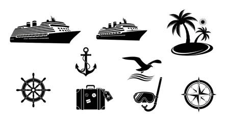 Collection of travel and vacation themed black and white illustrations. © Hudah