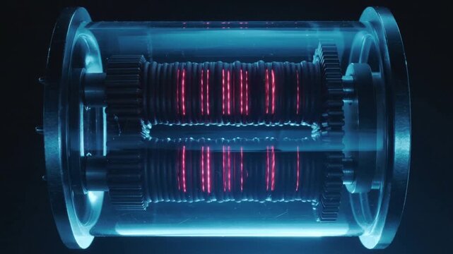 Glowing blue cylindrical object with pink codes displayed inside on a dark background video
