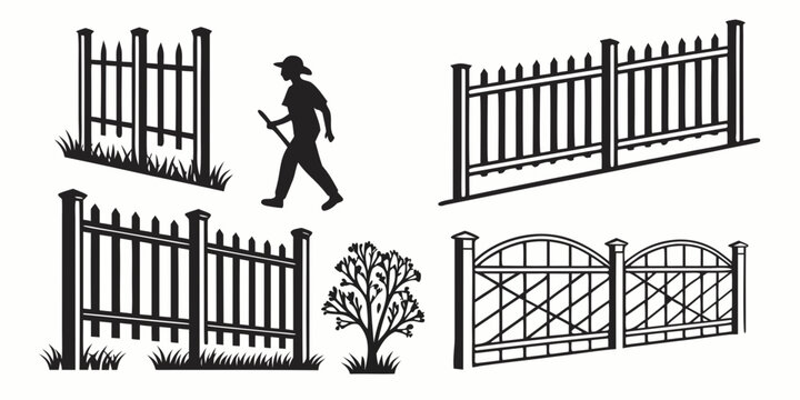 A collection of various fence designs and a person walking past them Vector
