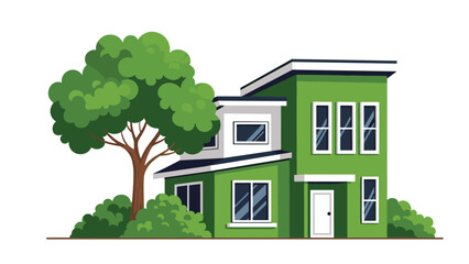 Fototapeta premium Modern two story green house with a flat roof stands beside a large leafy tree and small bushes on a white background.