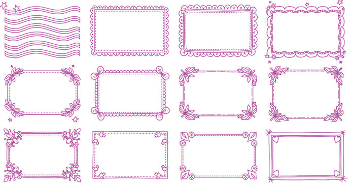 Hand-drawn doodle frames set, decorative sketch borders collection, cute design elements vector illustration.