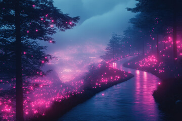 Pink lights illuminate river waters.