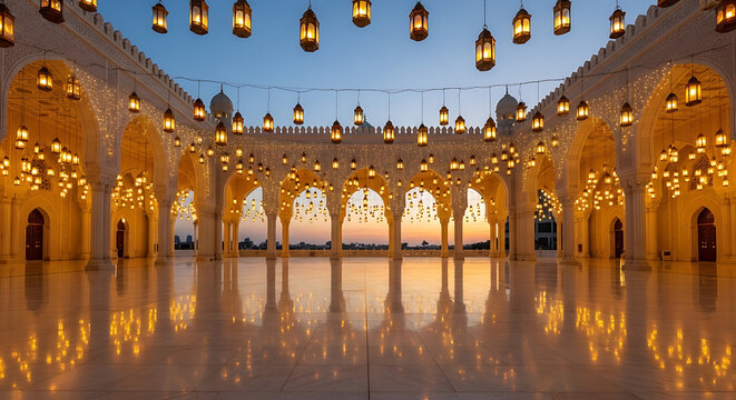 Illuminated courtyard of the Imam Turki bin Abdullah Grand Mosque at dusk